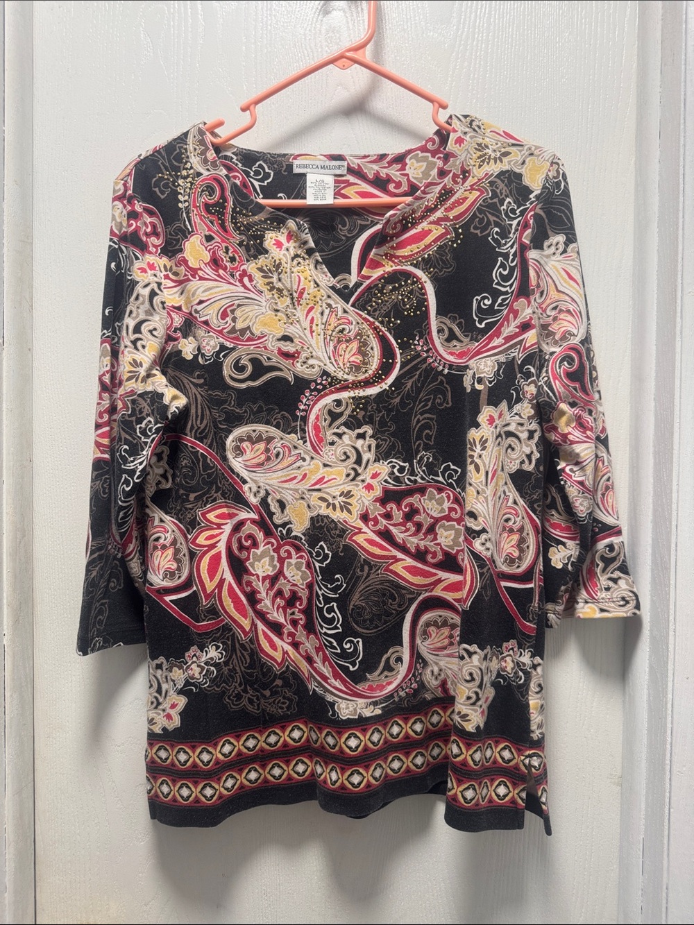 Rebecca Malone Black Paisley Long Sleeve Top with Red and Cream Accents